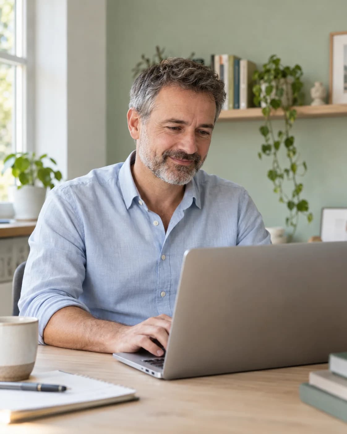 Een huisarts leest glimlachend op zijn laptop