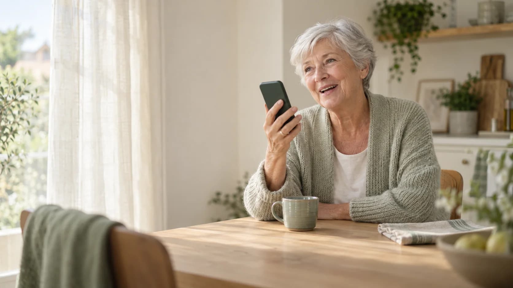 Een oudere vrouw vertelt aan de keukentafel glimlachend aan haar telefoon waarom ze naar de dokter gaat