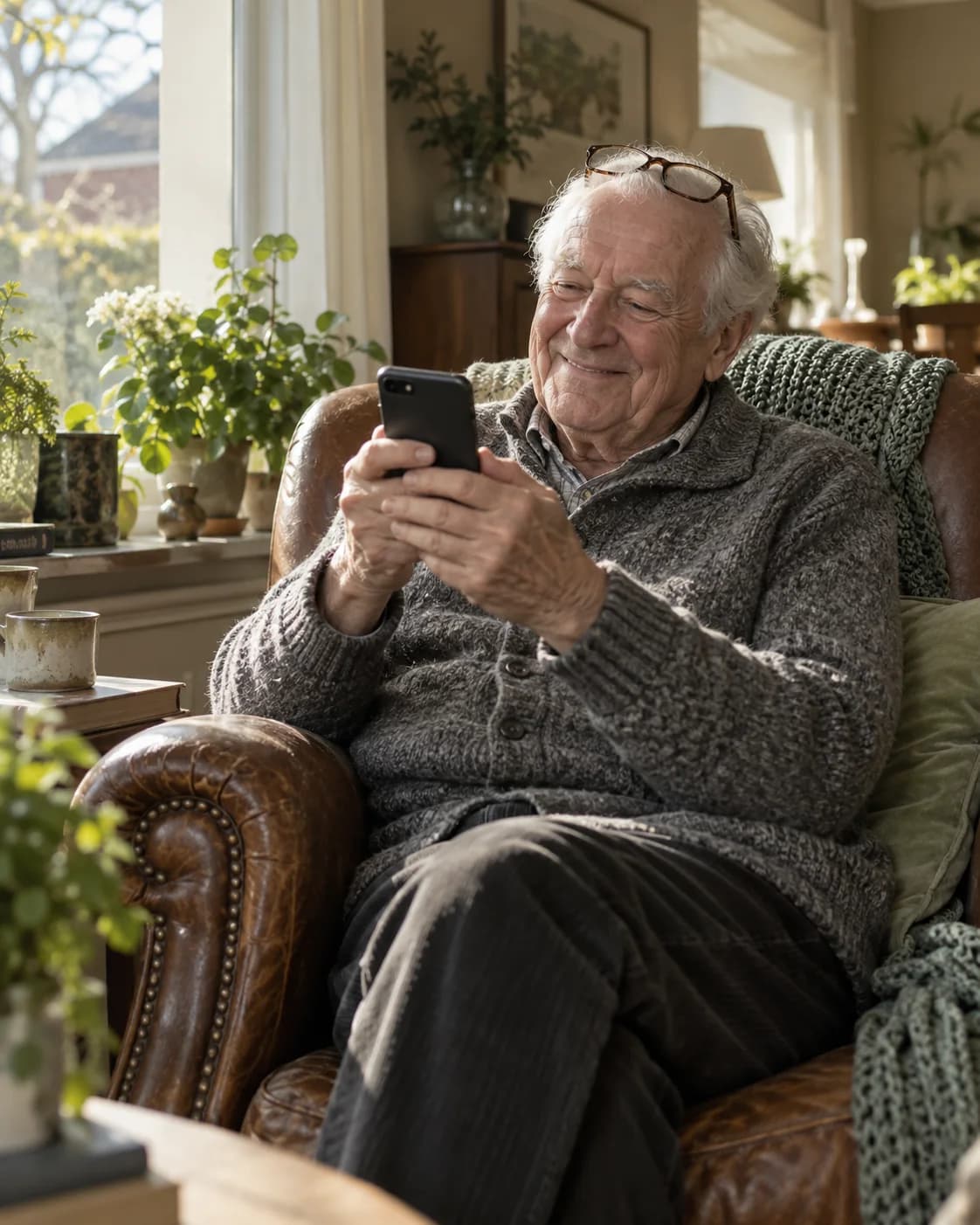Een oudere man in een leunstoel glimlacht naar zijn telefoon